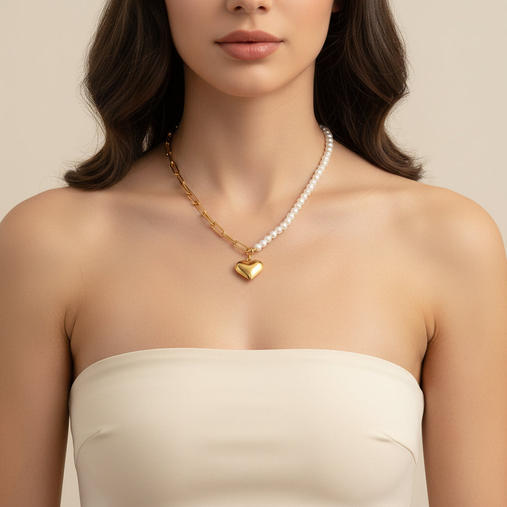 Heart Pearl & Chain Necklace