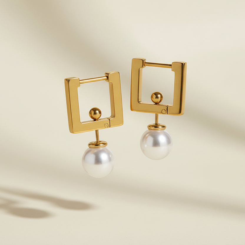 Geometric Pearl Drop Earrings - 18k Gold plated