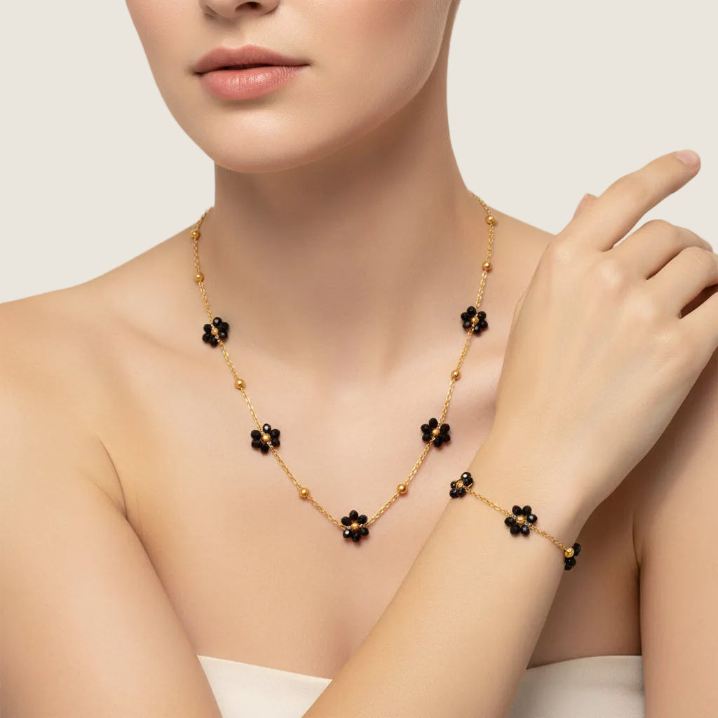 Black Flower Necklace & Bracelet Set