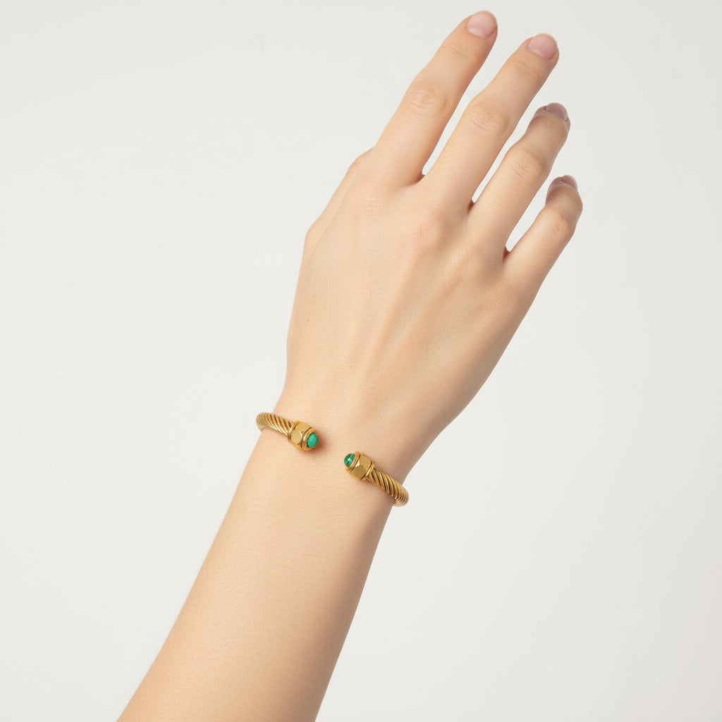 Twisted Cable Bangle with Green stone