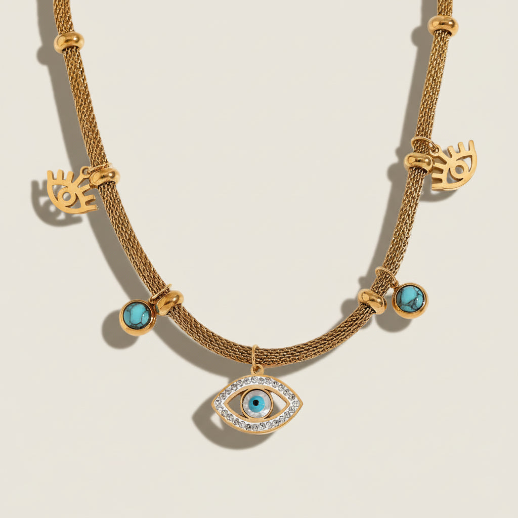 Evil Eye Charm Necklace with Blue Stones