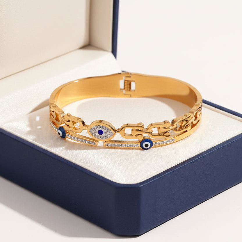 Evil Eye Chain Bangle Bracelet with Crystal