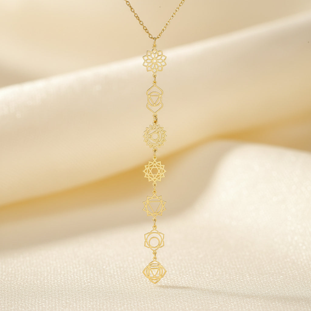 Chakra necklace Gold or off white background.