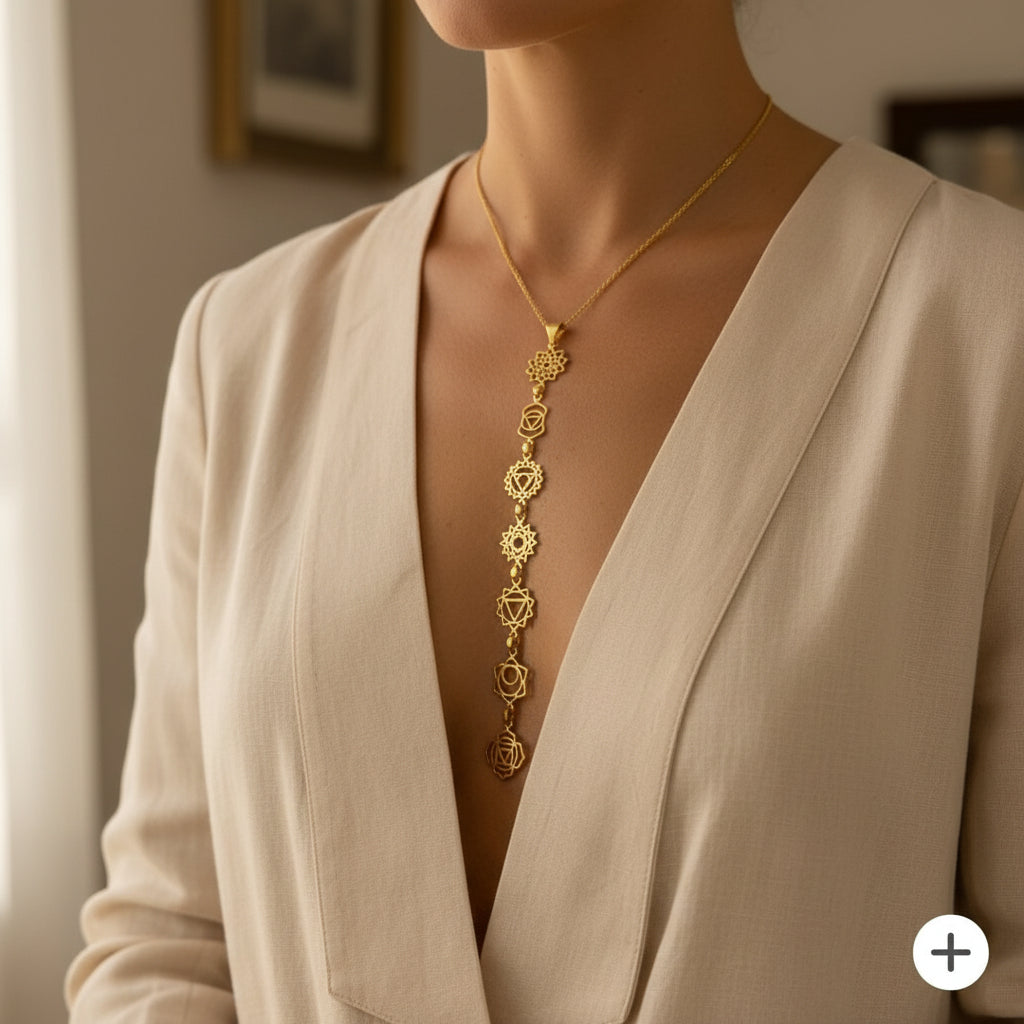 Elegant woman wearing a long gold chakra necklace with delicate spiritual symbols in a minimal style.
