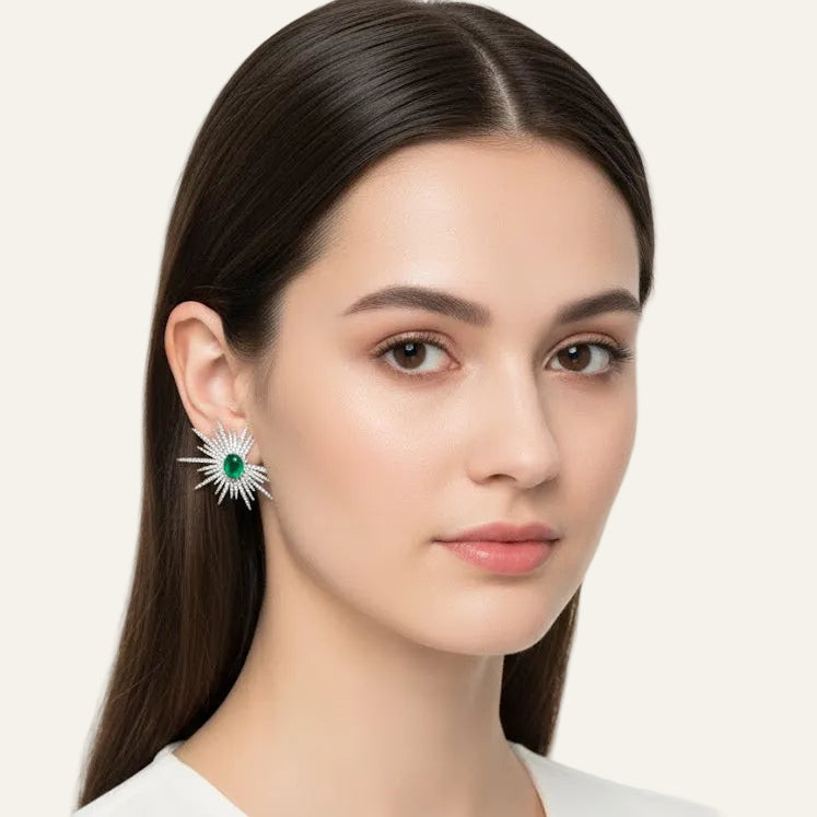 Rhodium-Coated Emerald Ice Starburst earring