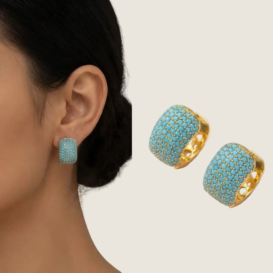 Stainless Steel Turquoise Pave Hoop Earrings