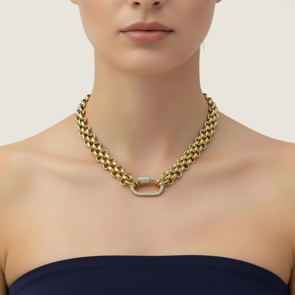 Gold Chain Necklace with Pavé Clasp – Waterproof