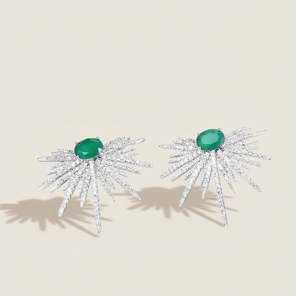 Rhodium-Coated Emerald Ice Starburst earring