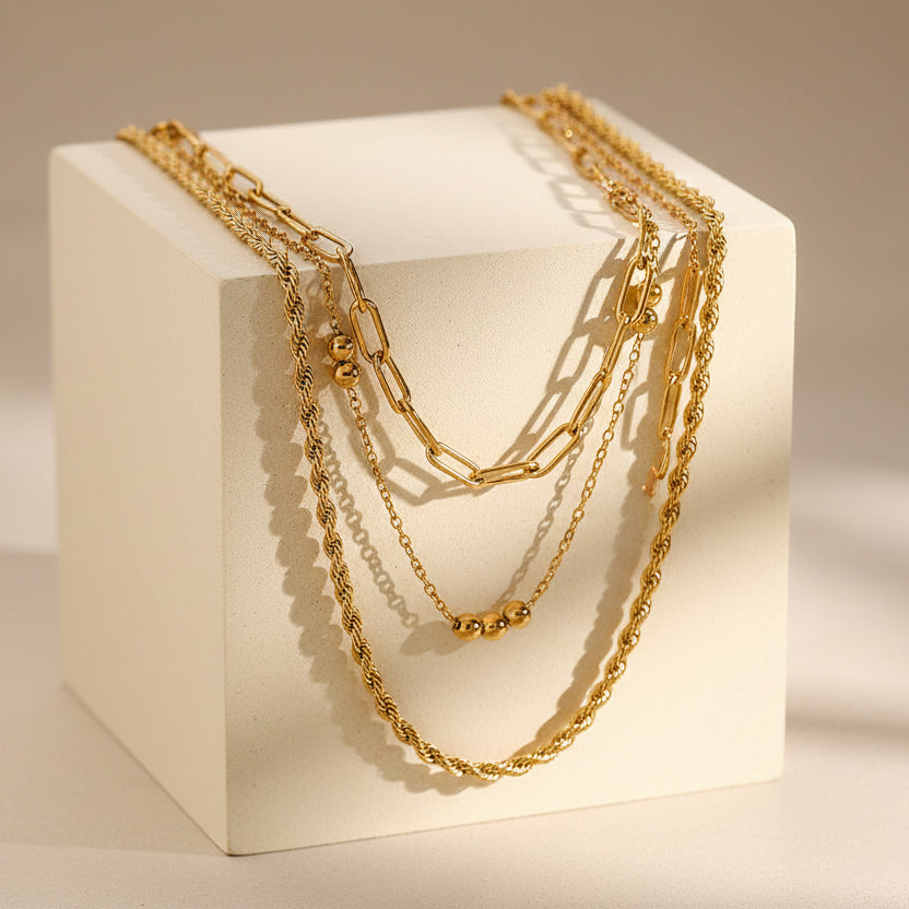 Triple Layer Gold Plated Chain Necklace