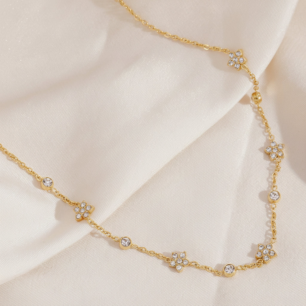 18k Gold Plated Delicate Necklace with Zirconia & Floral accents