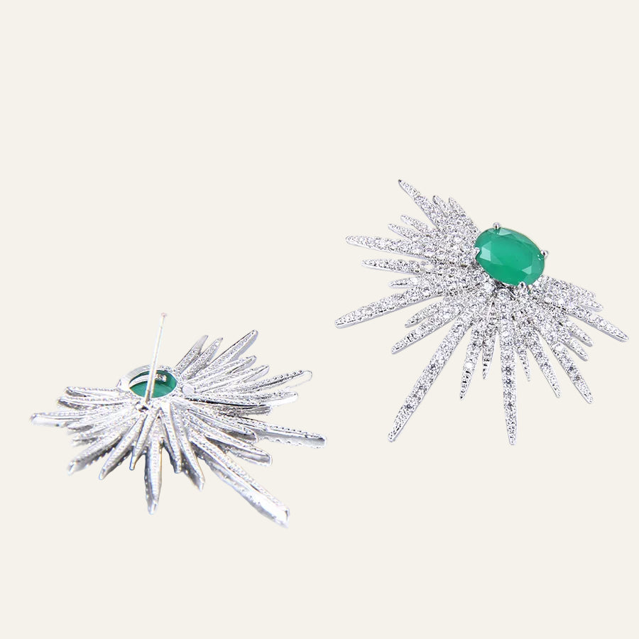 Rhodium-Coated Emerald Ice Starburst earring