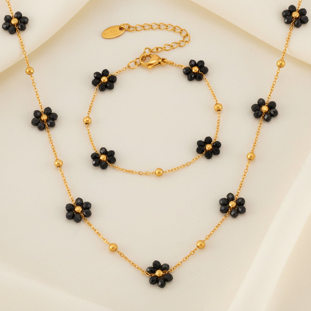 Black Flower Necklace & Bracelet Set