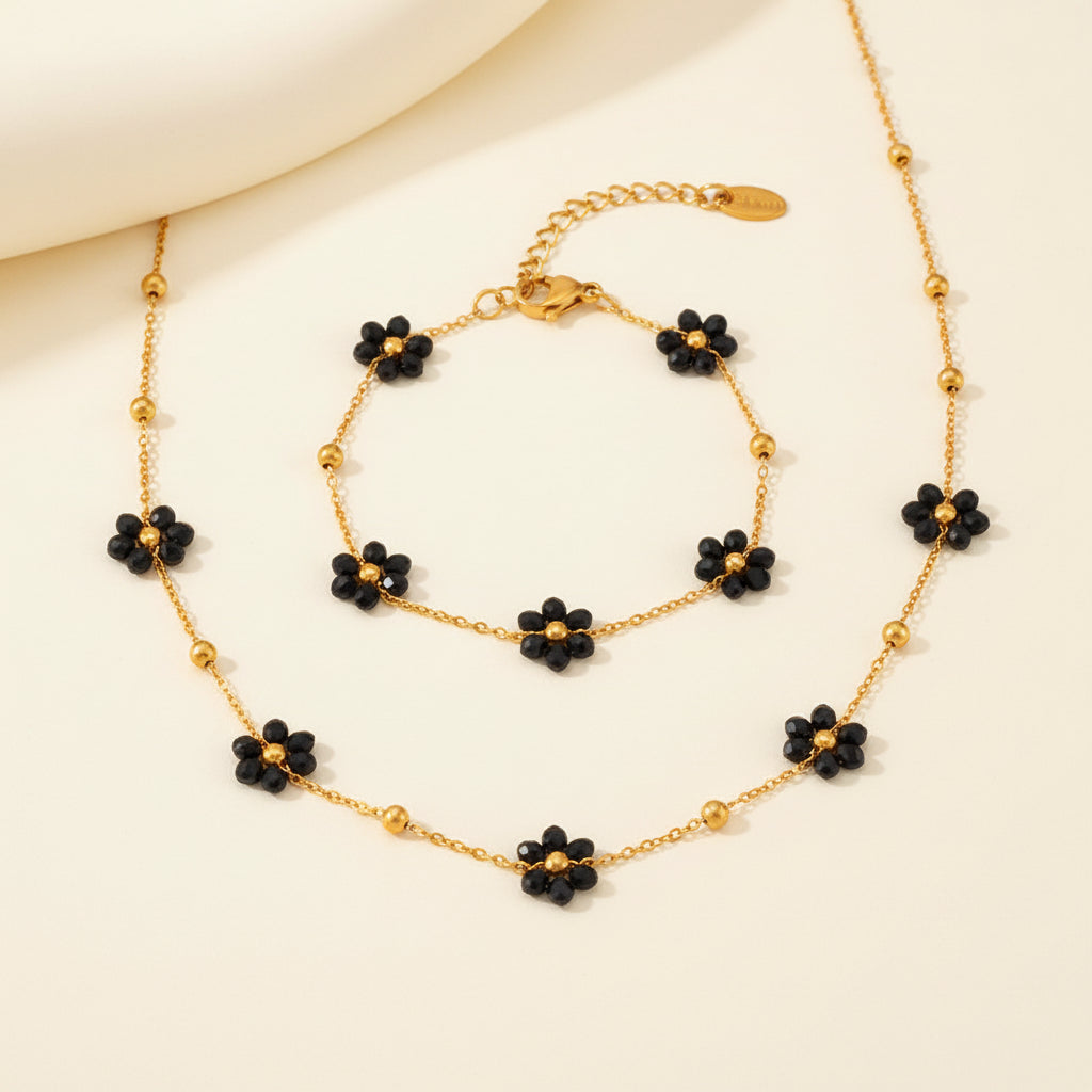 Black Flower Necklace & Bracelet Set