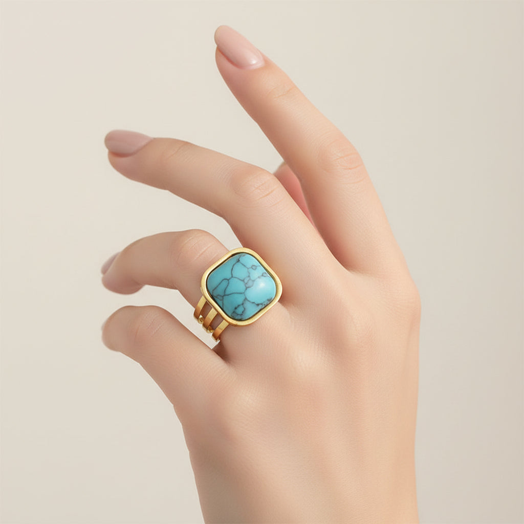Turquoise Square Gold Plated Adjustable Ring