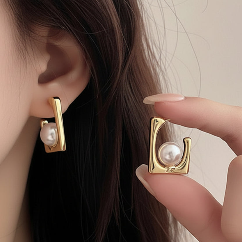 Geometric Pearl Stud Earrings