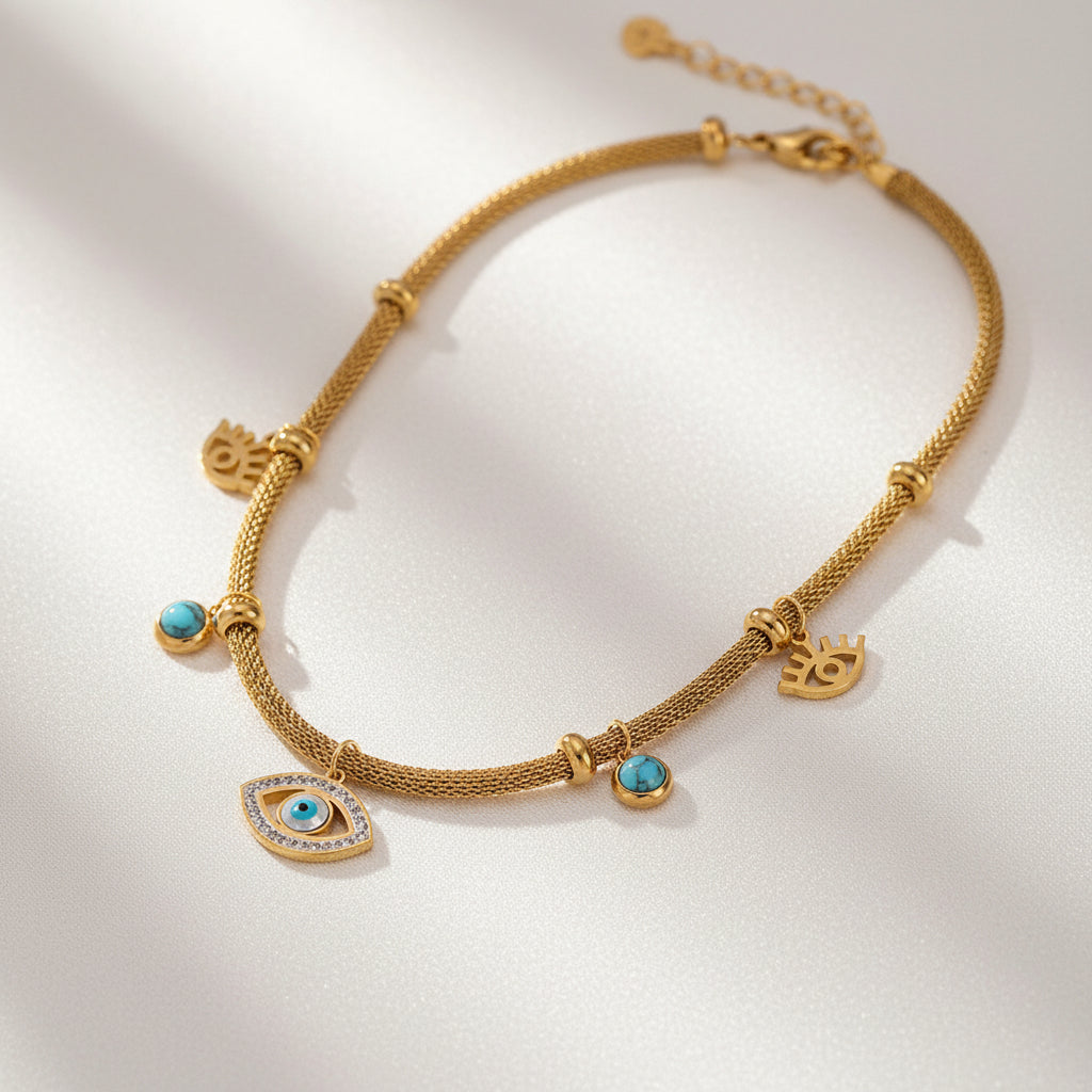 Evil Eye Charm Necklace with Blue Stones