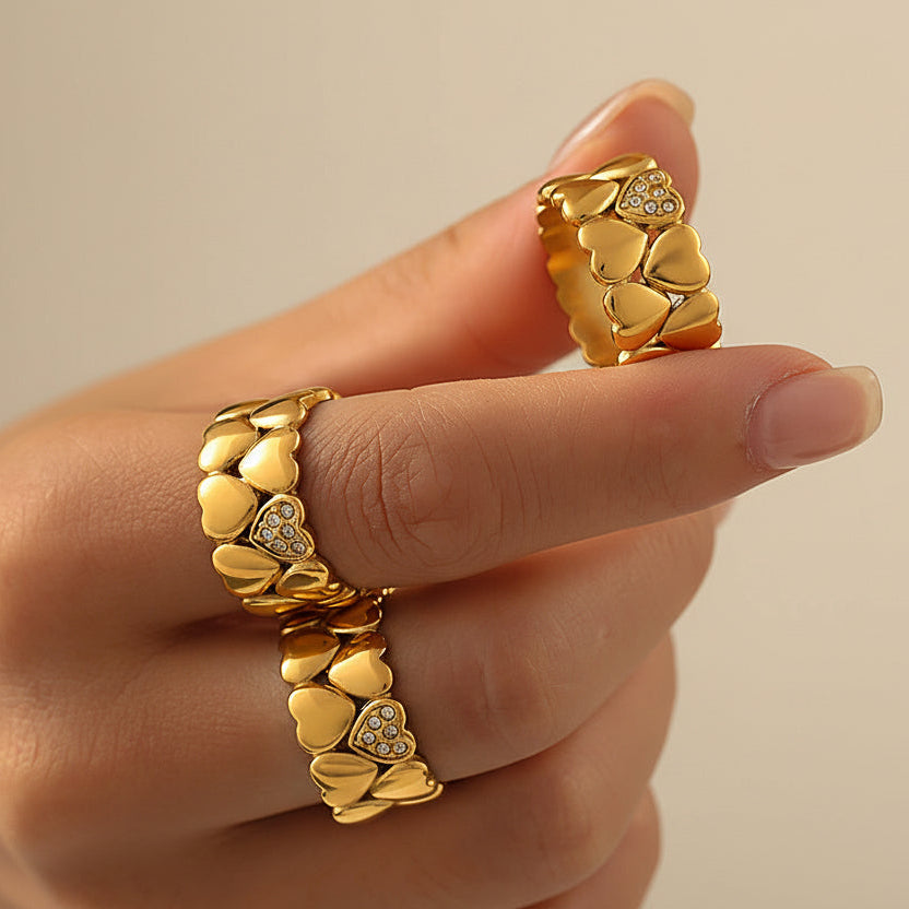 Heart Band Ring Stainless Steel with Rhinestones