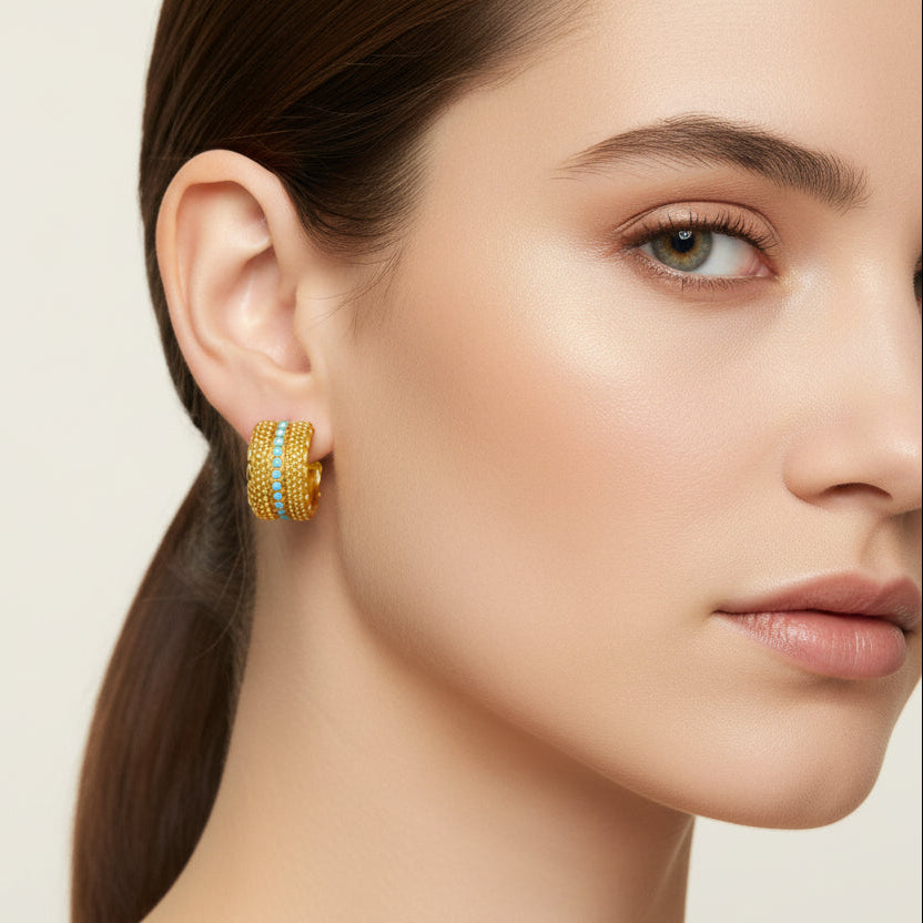 18K Gold Plated textured Hoop earrings with Crystal Detail