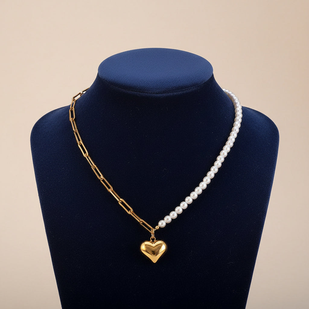 Heart Pearl & Chain Necklace