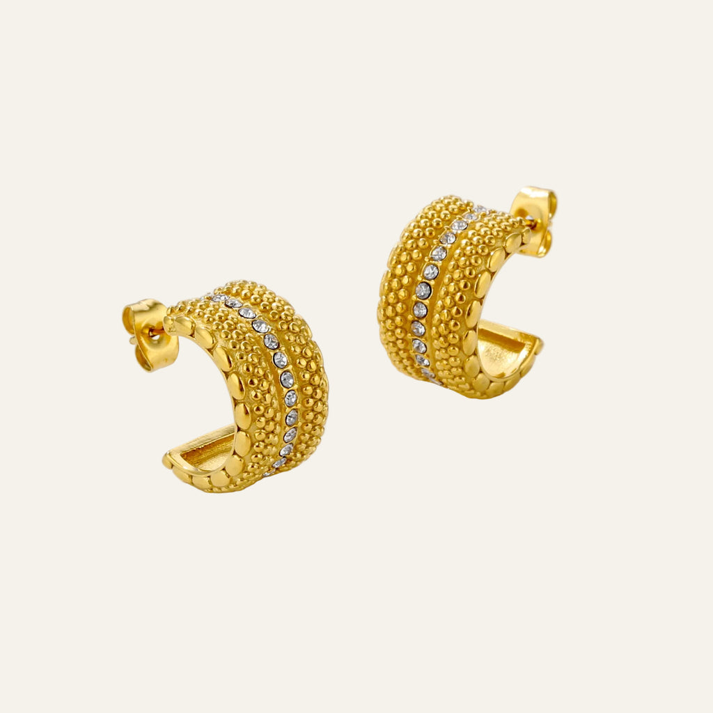18K Gold Plated textured Hoop earrings with Crystal Detail