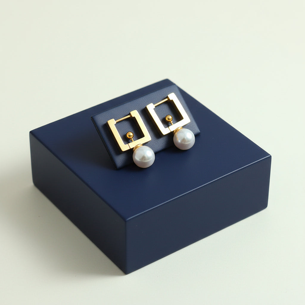 Geometric Pearl Drop Earrings - 18k  Gold plated