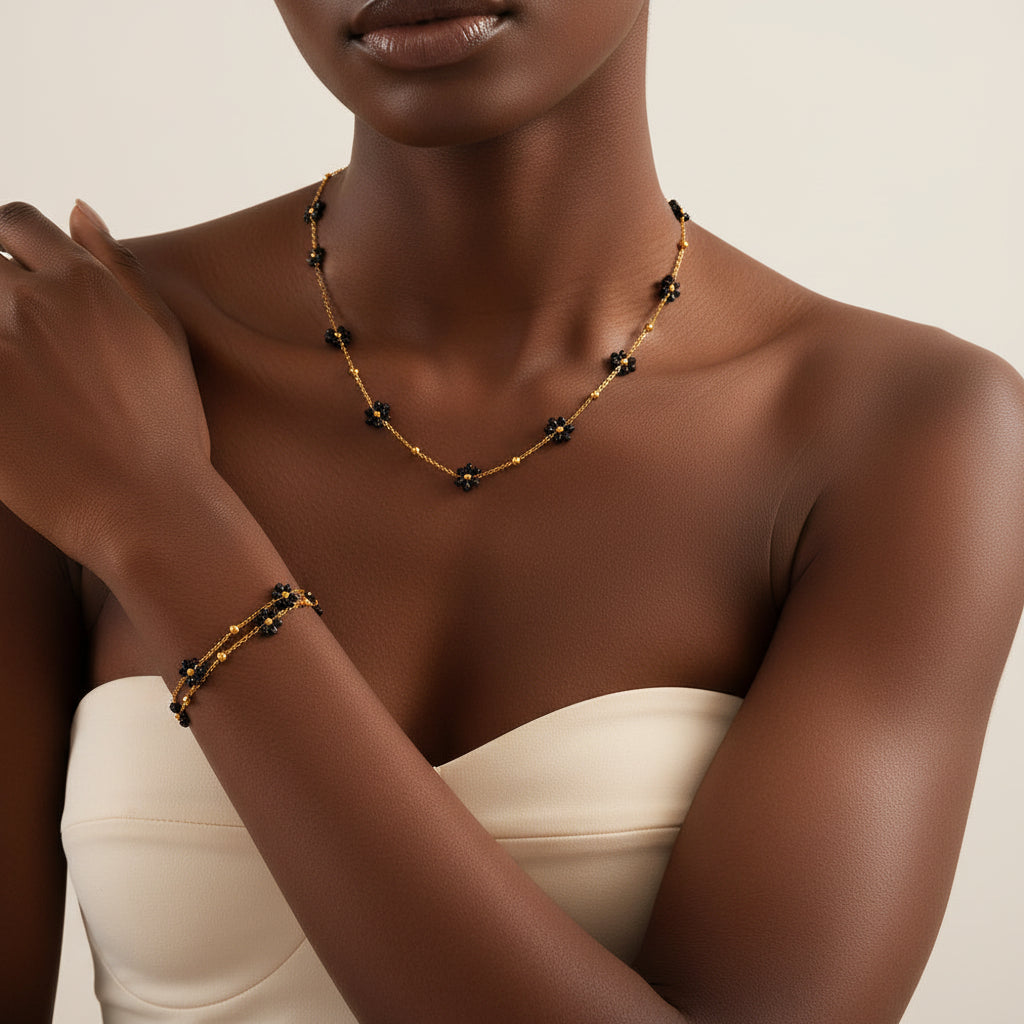 Black Flower Necklace & Bracelet Set