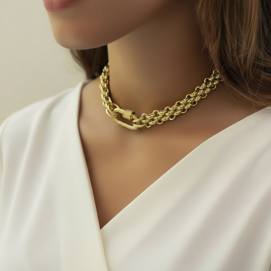 Gold Chain Necklace with Pavé Clasp – Waterproof