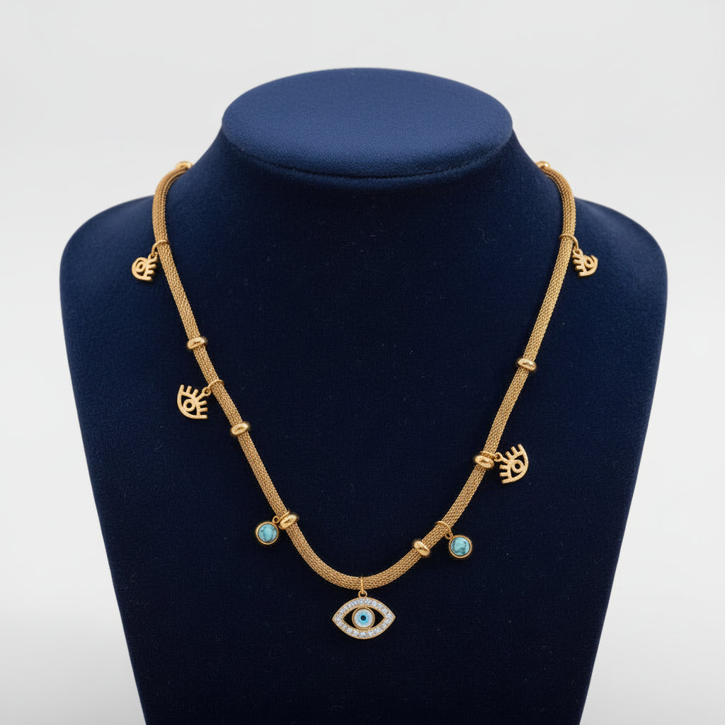 Evil Eye Charm Necklace with Blue Stones
