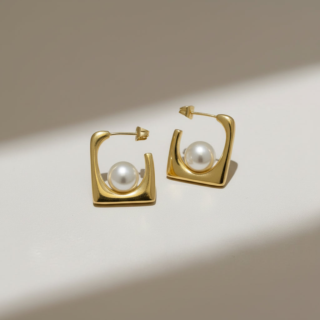 Geometric Pearl Stud Earrings