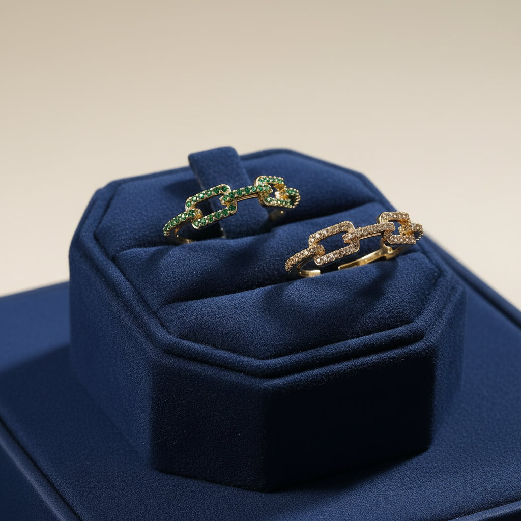 Green Zirconia Chain Link Gold Plated Ring