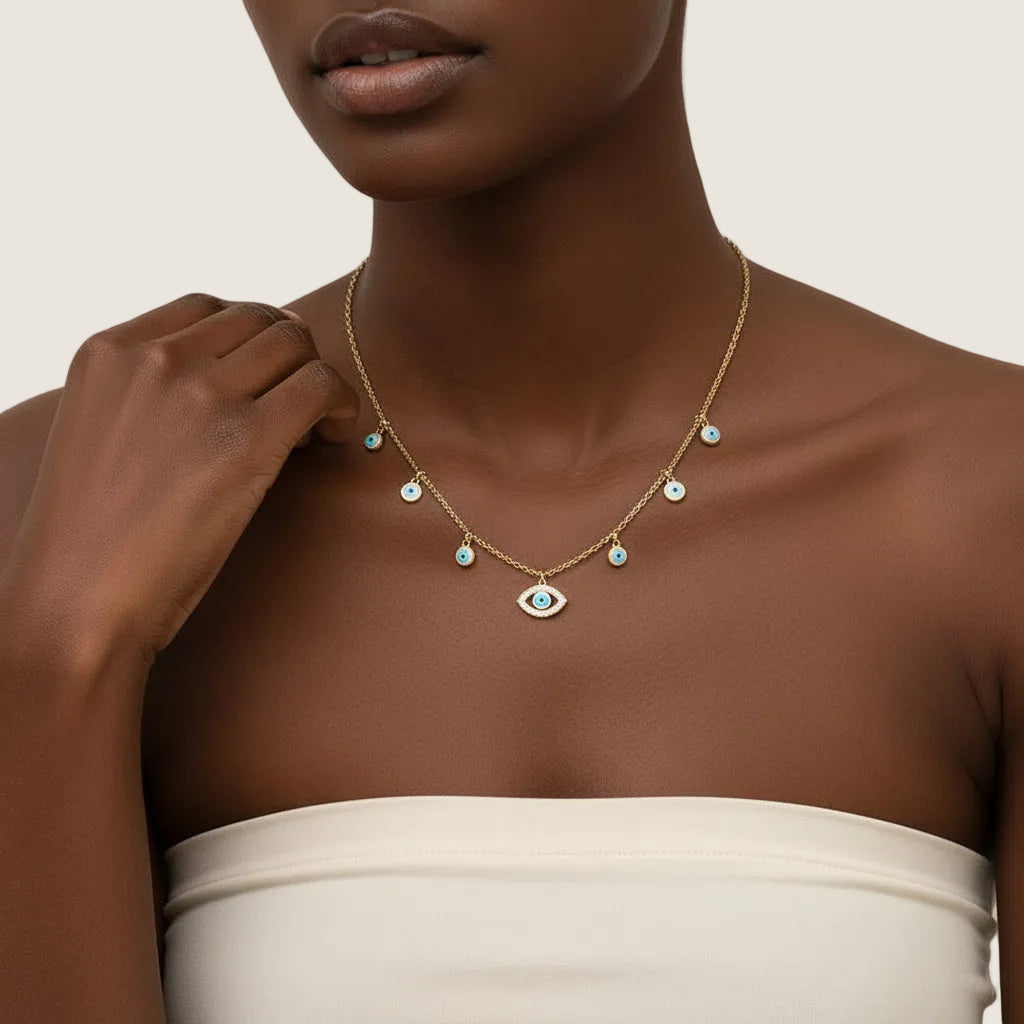 Evil Eye Charm Necklace with Blue Stones