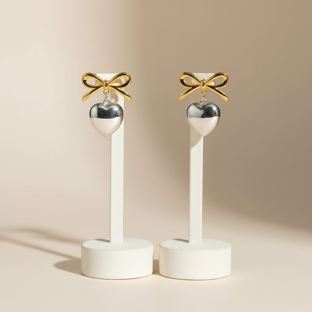 Bow & Heart Drop - Gold and Silver Tone Romantic Earrings