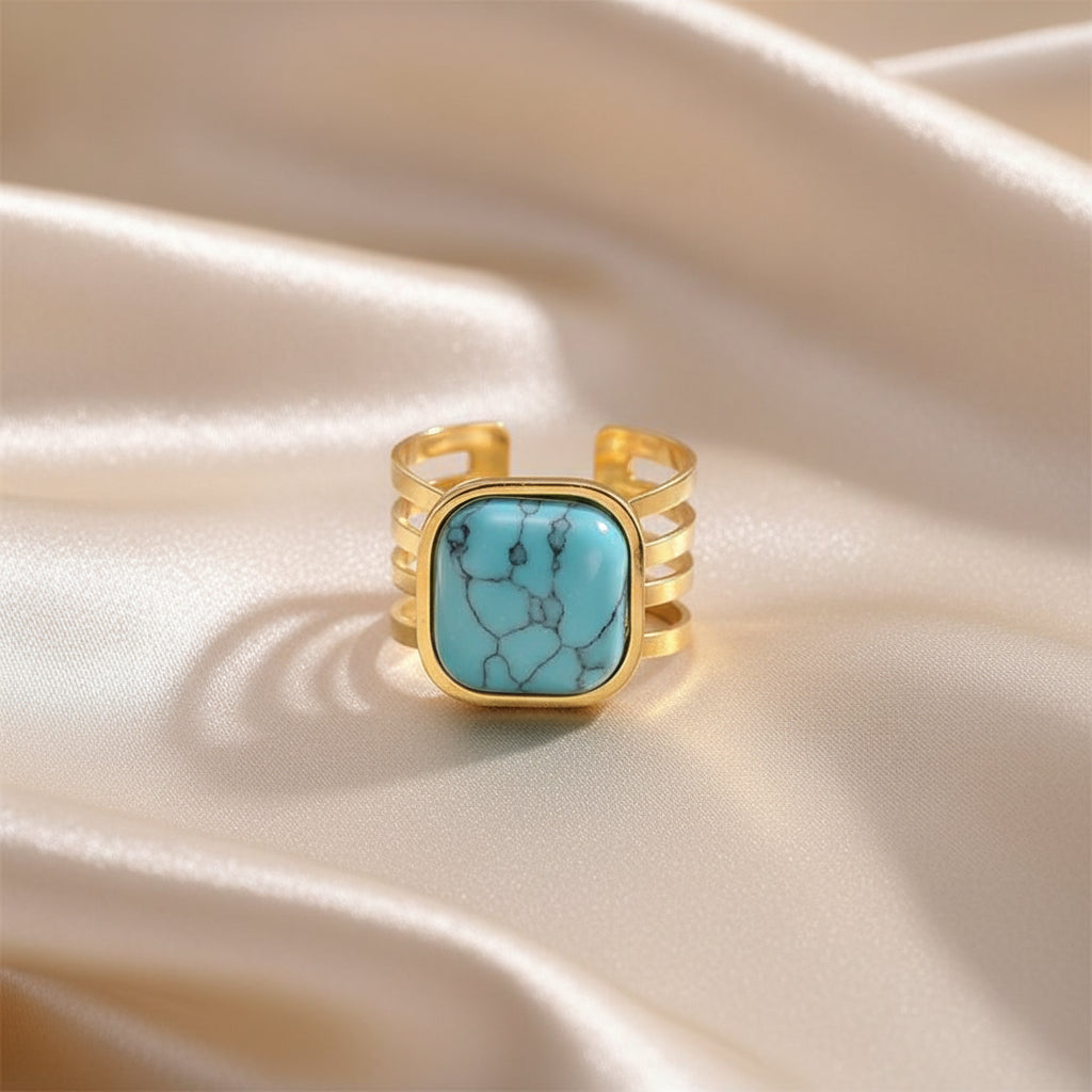 Turquoise Square Gold Plated Adjustable Ring