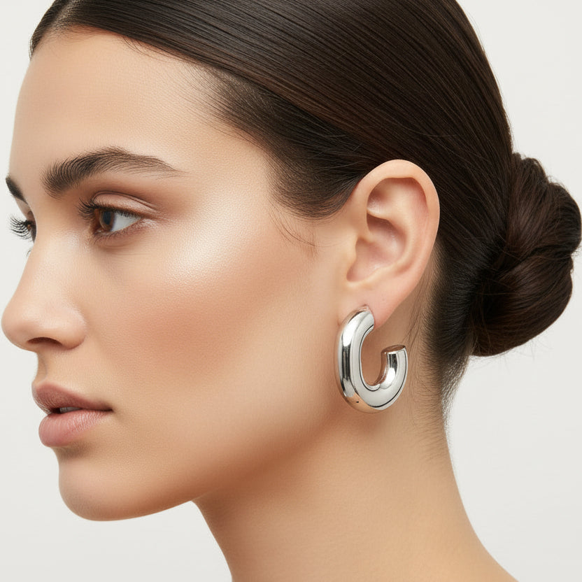 18K White Gold Plated Sculptural Hoop Earrings