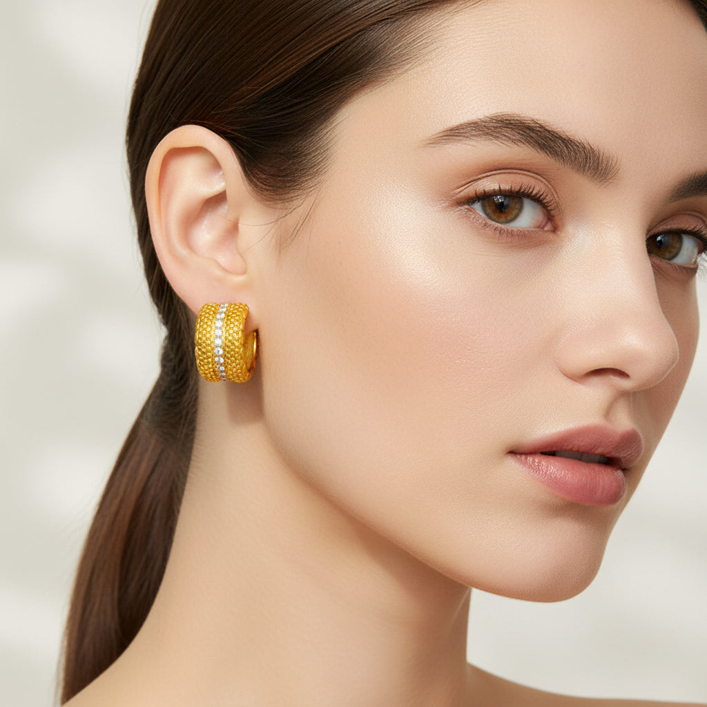 18K Gold Plated textured Hoop earrings with Crystal Detail