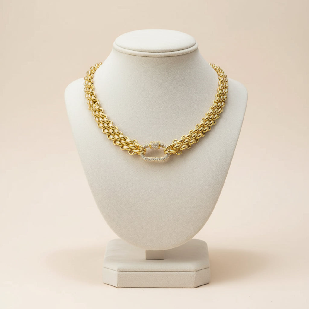 Gold Chain Necklace with Pavé Clasp – Waterproof