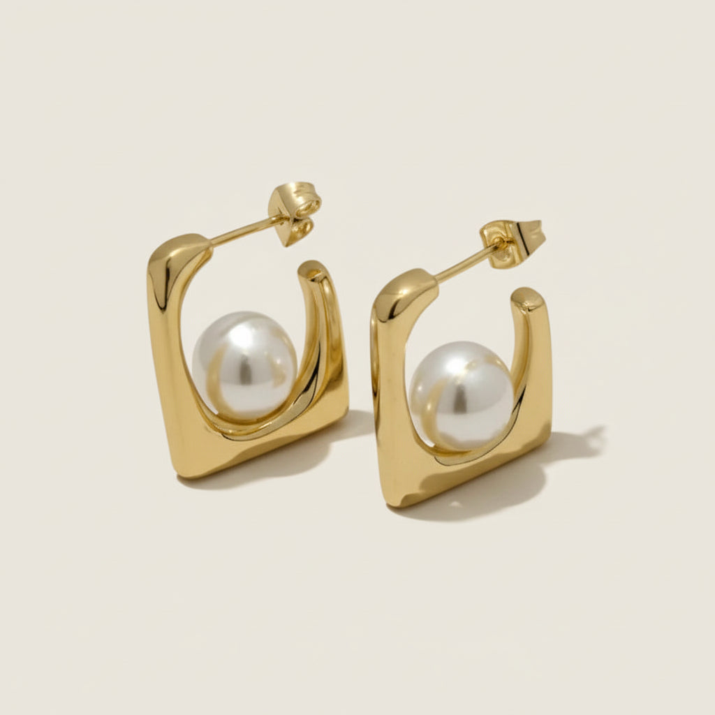 Geometric Pearl Stud Earrings