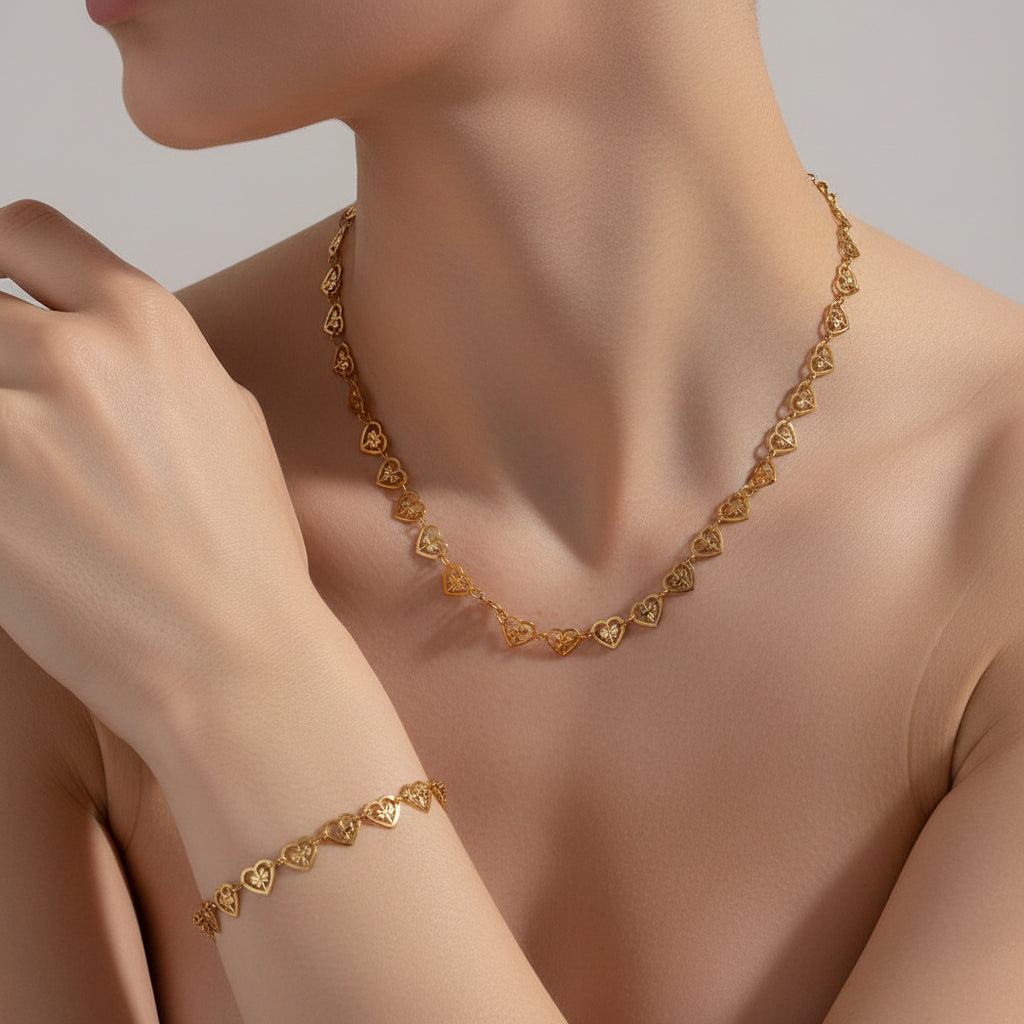Heart Link Necklace & Bracelet Set