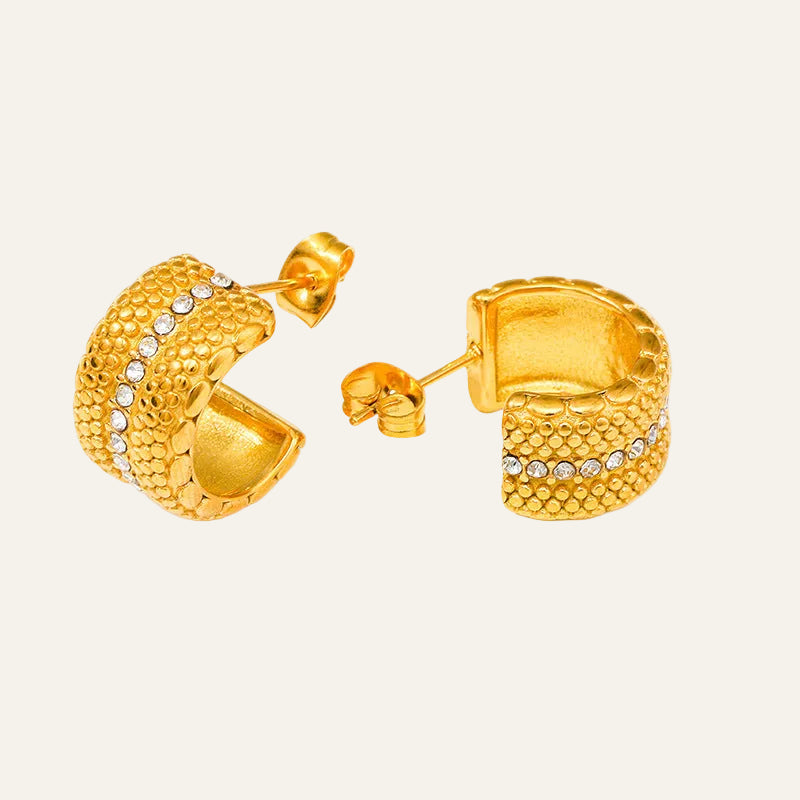 18K Gold Plated textured Hoop earrings with Crystal Detail