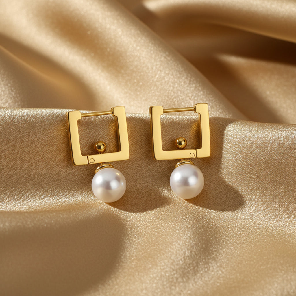 Geometric Pearl Drop Earrings - 18k  Gold plated