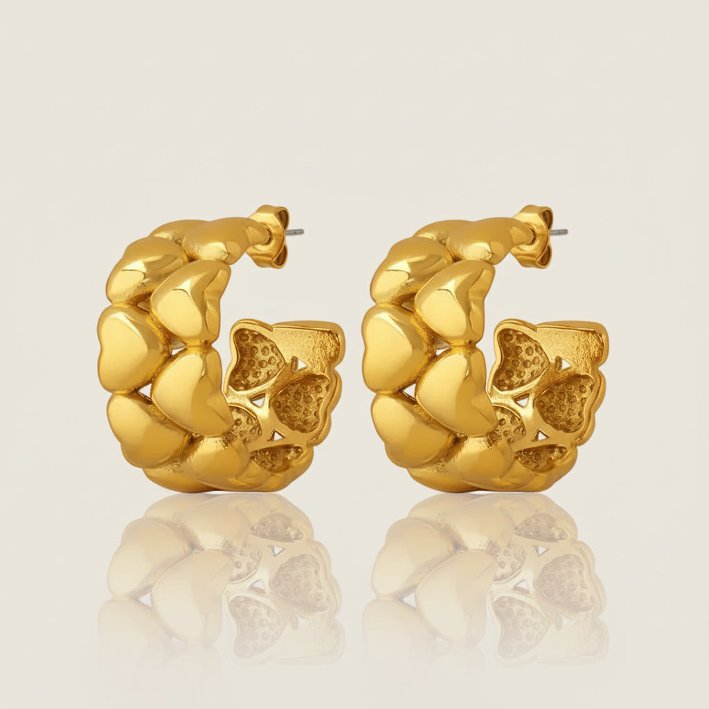 Bold Heart Link Hoop Earrings Gold Plated