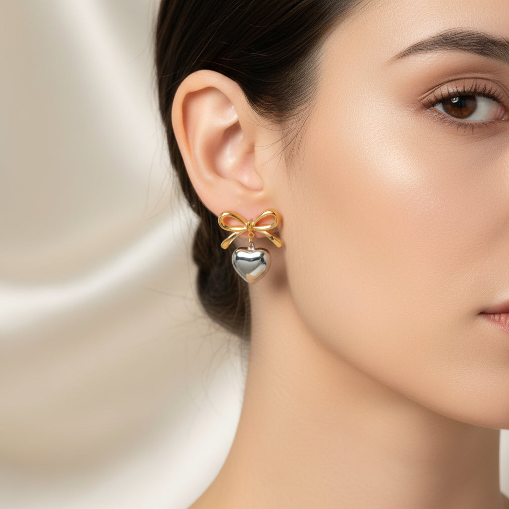 Bow & Heart Drop - Gold and Silver Tone Romantic Earrings