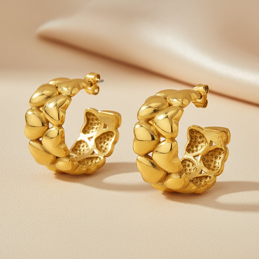 Bold Heart Link Hoop Earrings Gold Plated