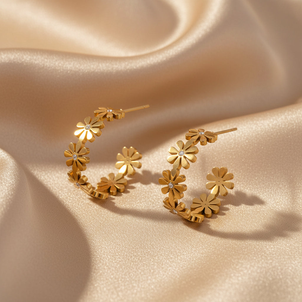 Floral Hoop Earrings with Crystal Accents