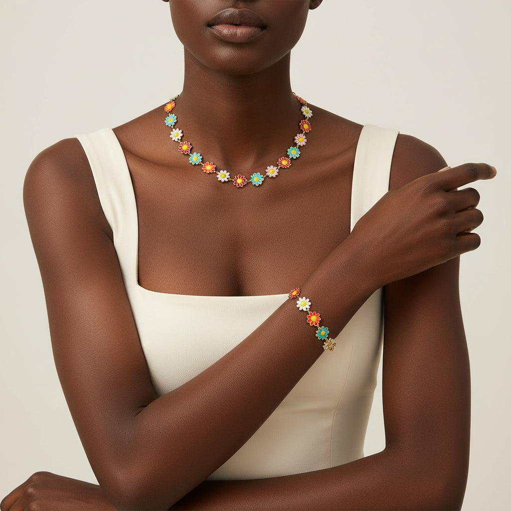 Floral Charm Necklace & Bracelet Set