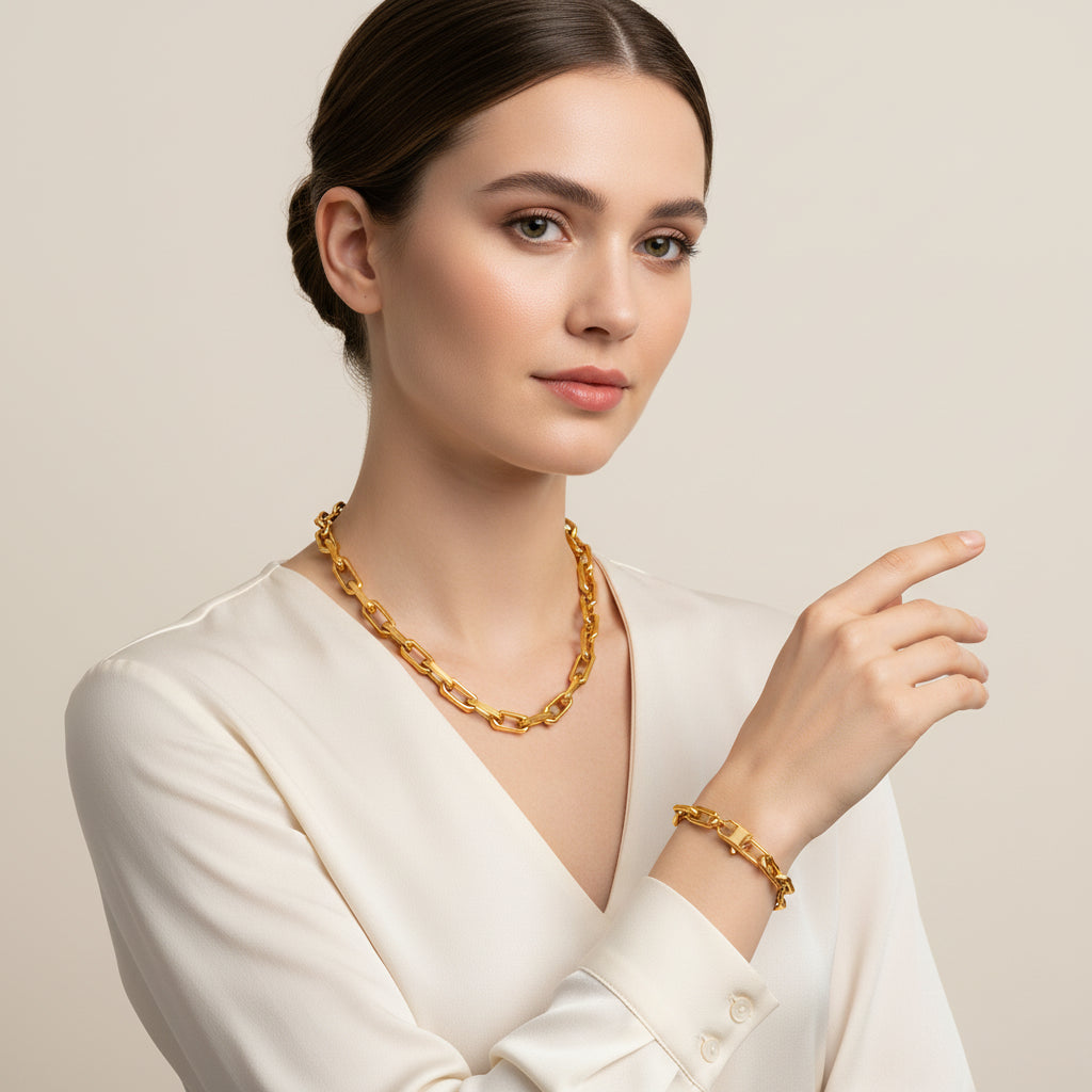 Gold Link Necklace & Bracelet Set