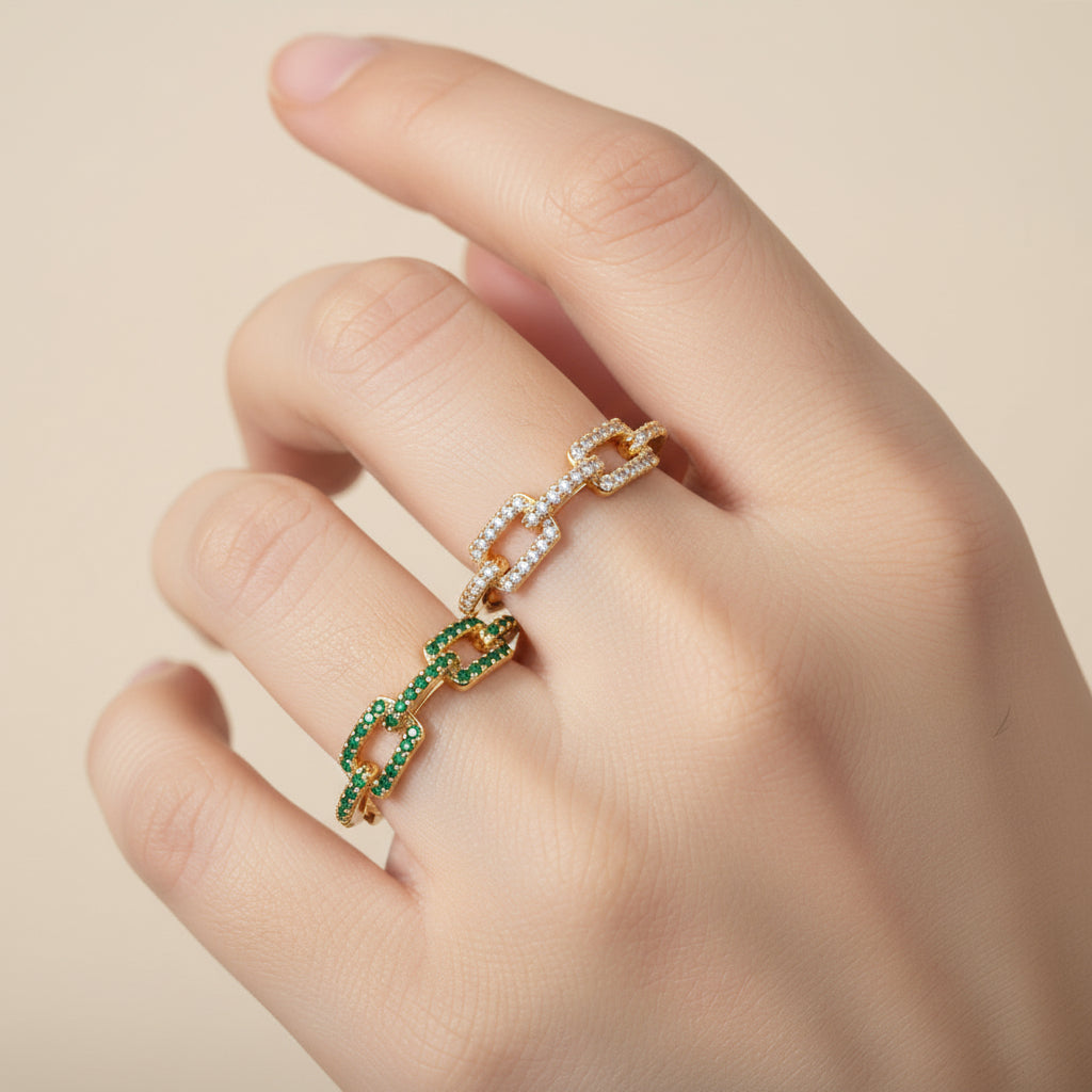 Green Zirconia Chain Link Gold Plated Ring