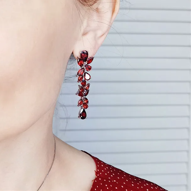 Red Garnet Leaves Drop Earrings