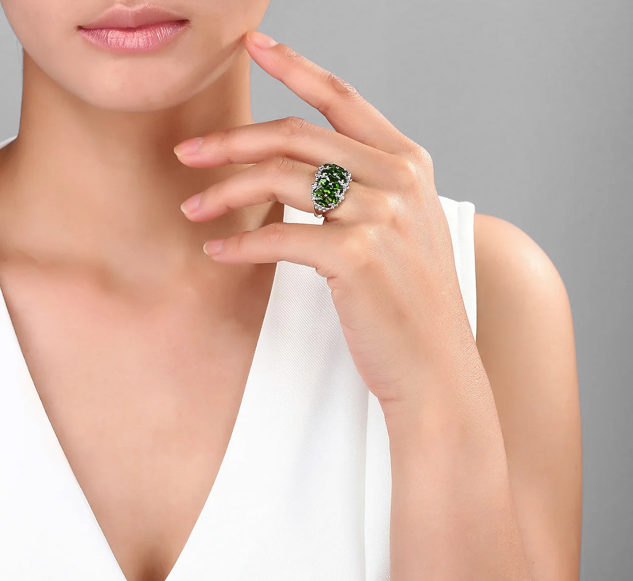 Rhodium Over 925 Sterling Silver Chrome Diopside Geometric Ring