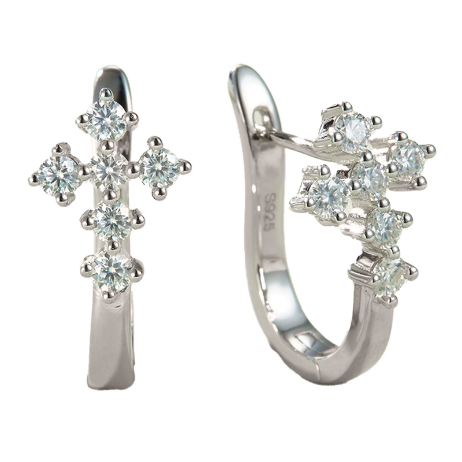 925 Sterling Silver Moissanite Diamonds Gemstone Cross Hoop Earrings